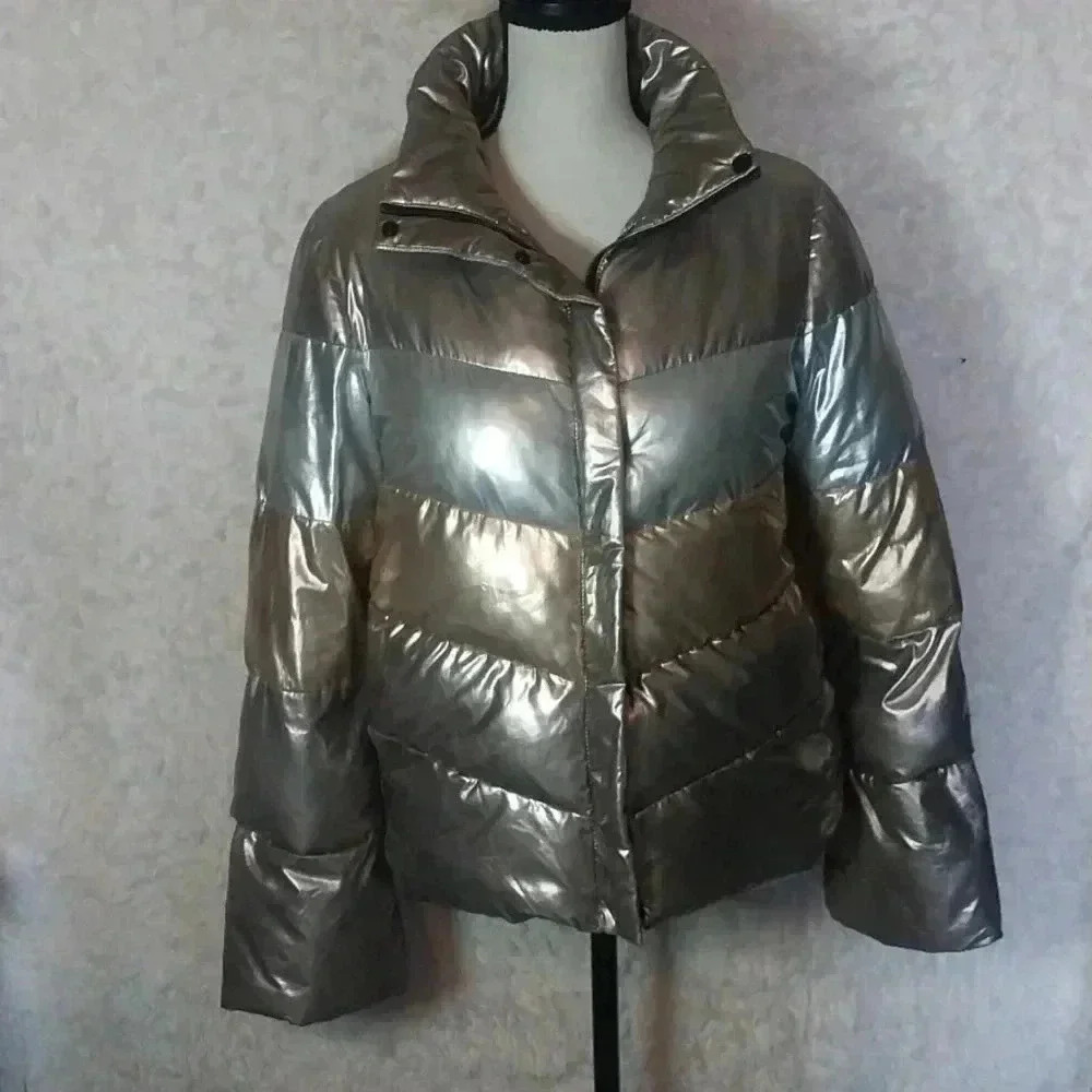 Betsey Johnson Gold & Silver Puffer Coat Ski Jacket Size XS